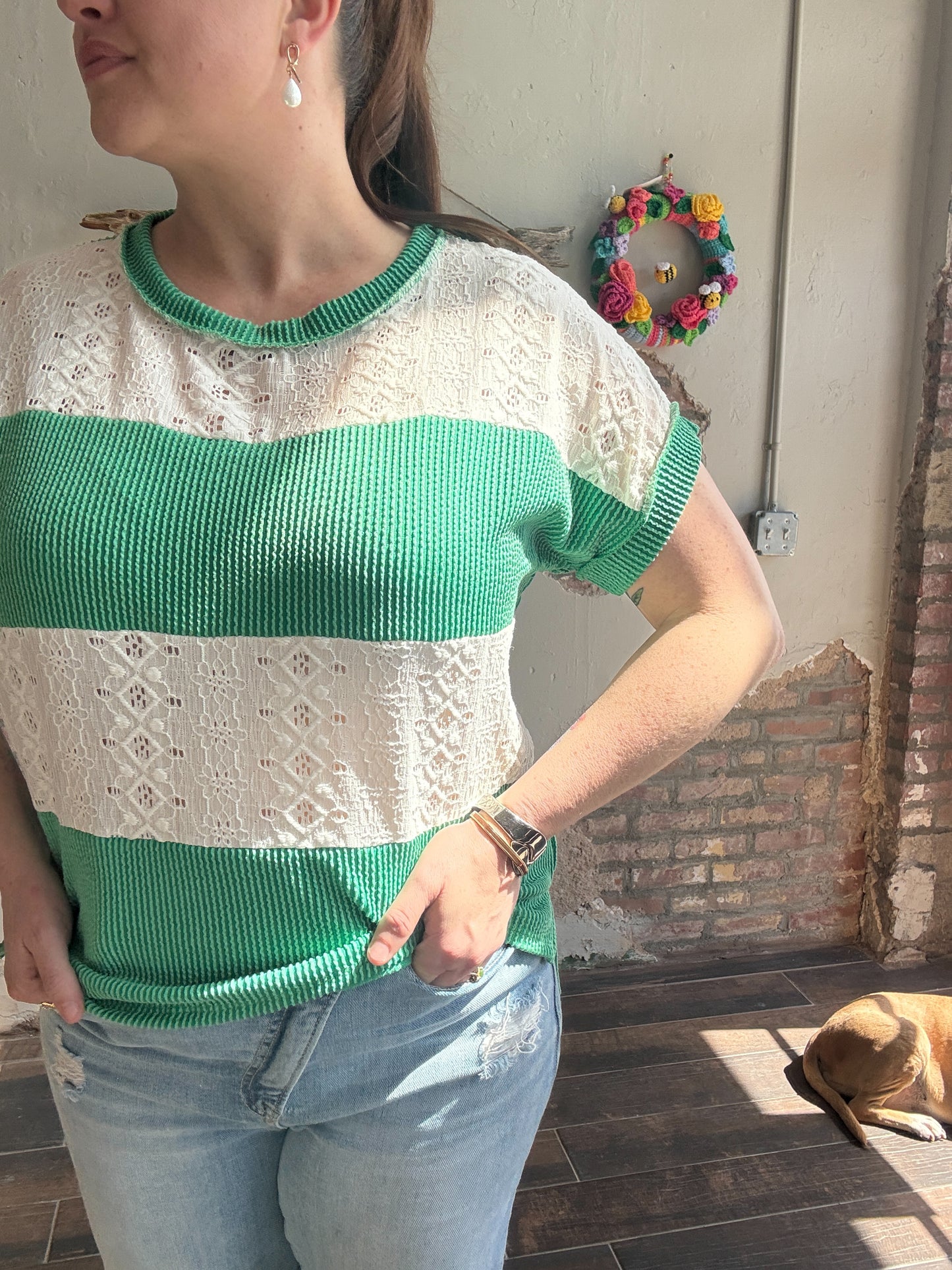 The Willow Lace Ribbed Top in Kelly Green