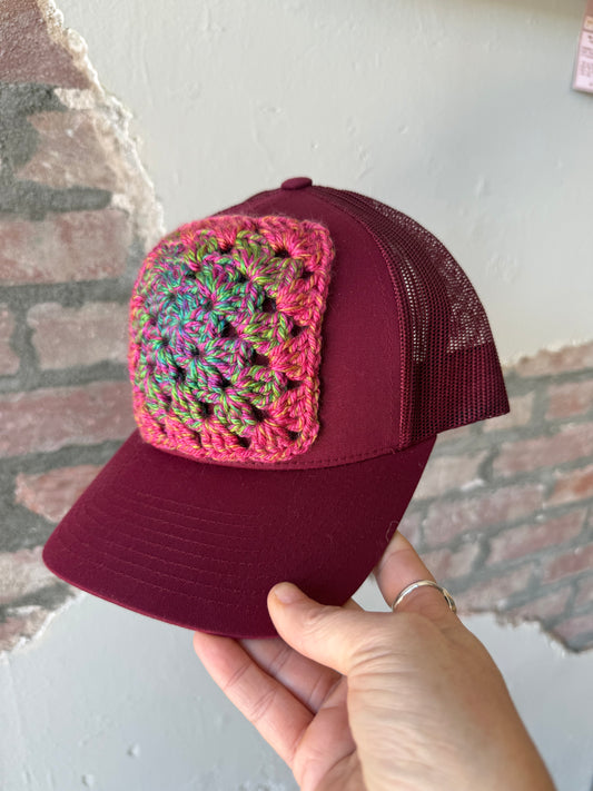 Granny Square Trucker Hat in Pink/Green Mix