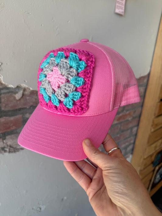 Granny Square Trucker Hat in Dk Pink/Teal