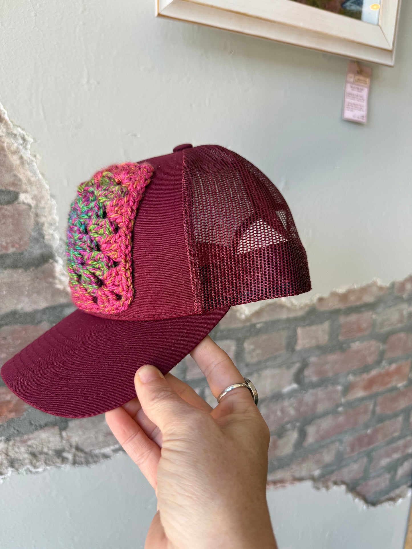 Granny Square Trucker Hat in Pink/Green Mix