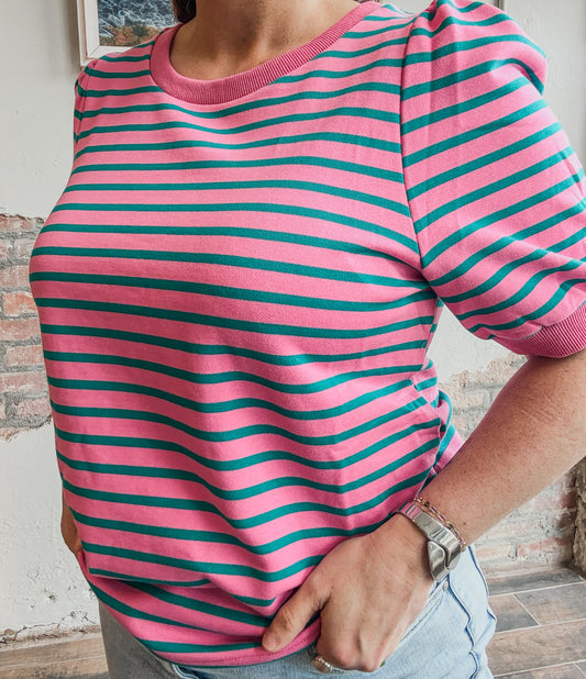 Pretty in Puff Striped Sleeve Top in Hot Pink/Green