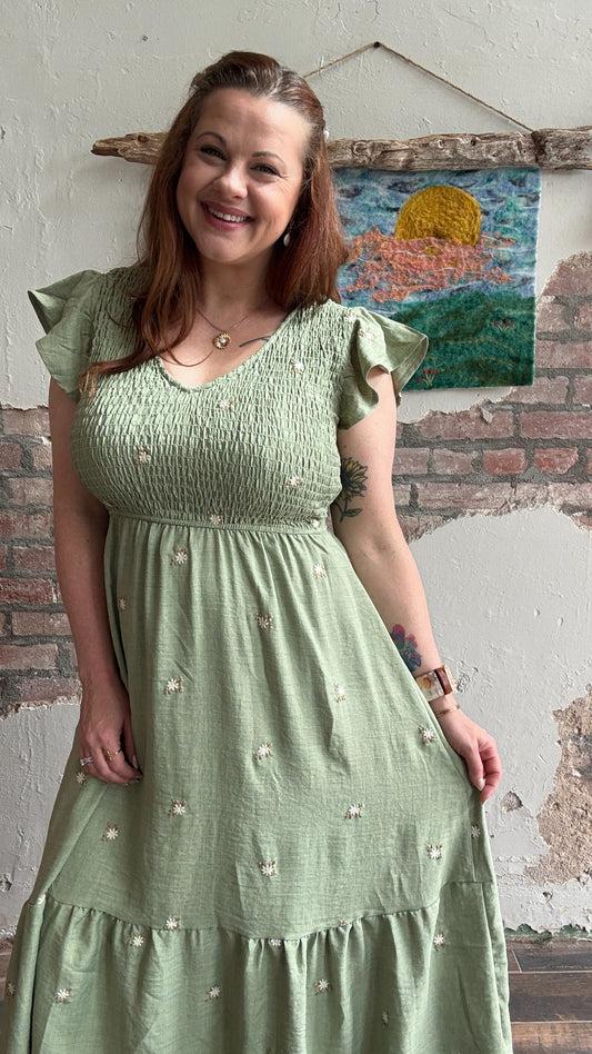 Meadow Embroidered Dress in Olive