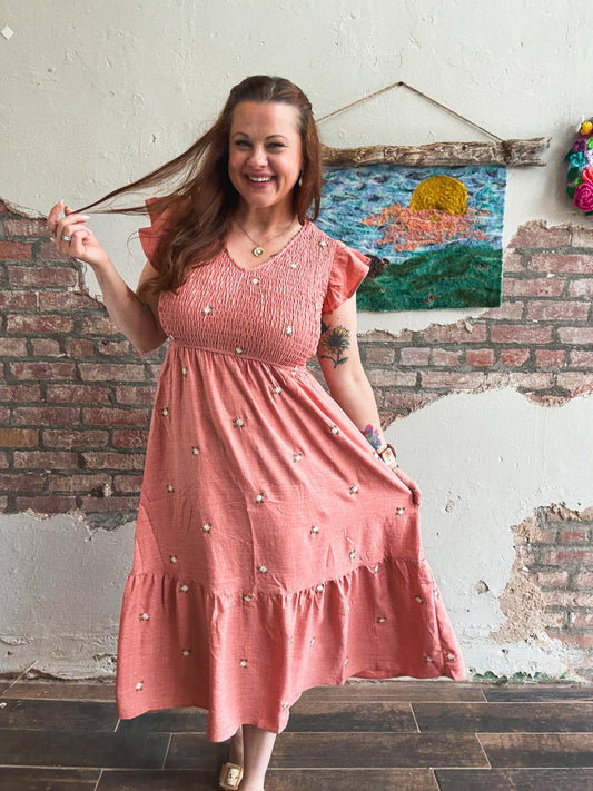 Meadow Embroidered Dress in Light Sienna