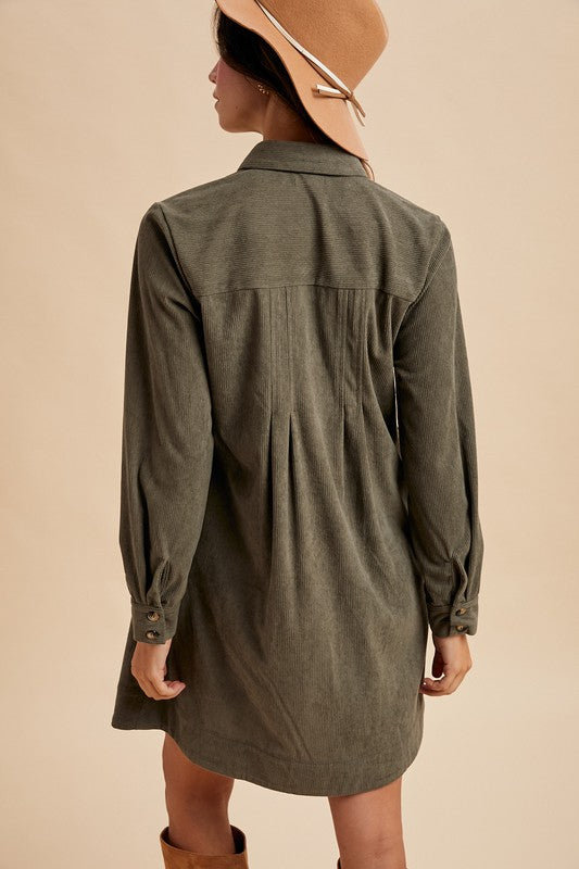 Autumn Corduroy Shirt Dress in Olive