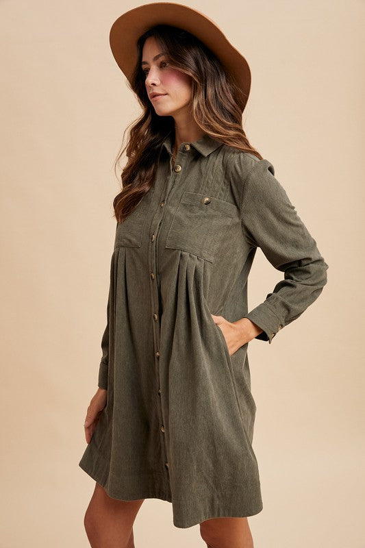 Autumn Corduroy Shirt Dress in Olive