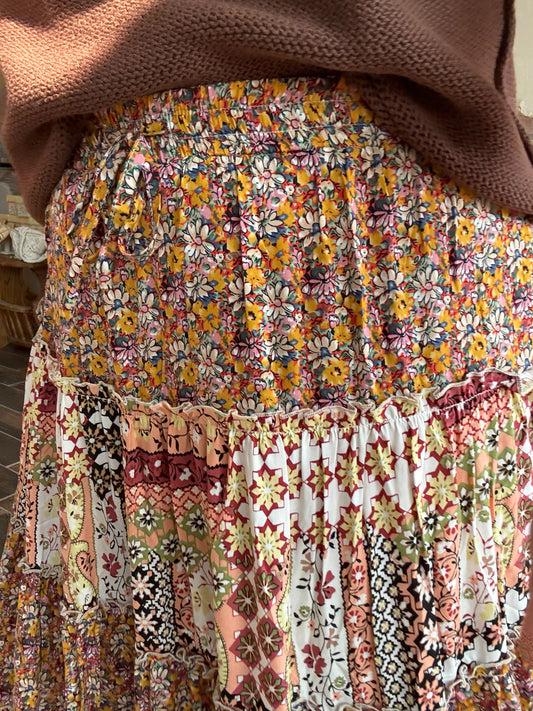 Prairie Bloom Patchwork Skirt in Rust