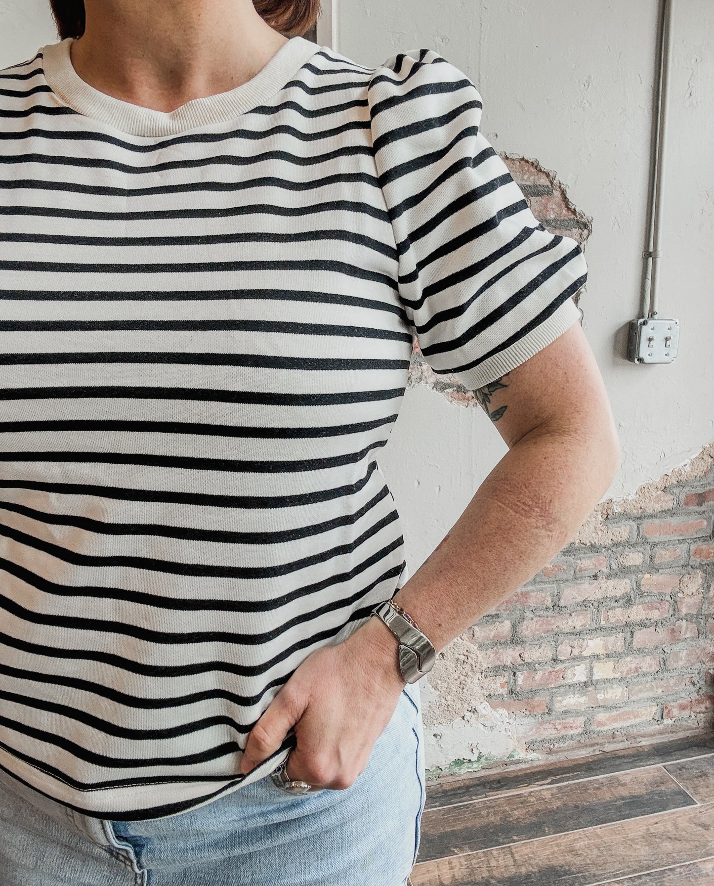 Pretty in Puff Striped Sleeve Top in Ivory/Black
