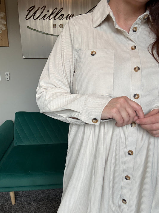 Autumn Corduroy Shirt Dress in Oatmeal