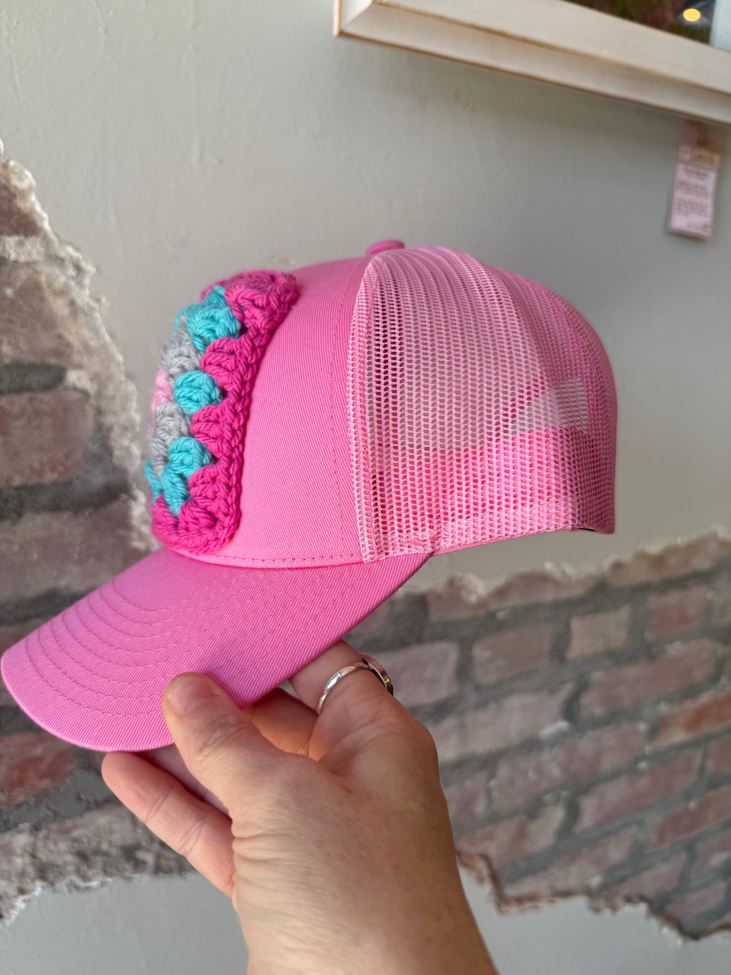 Granny Square Trucker Hat in Dk Pink/Teal