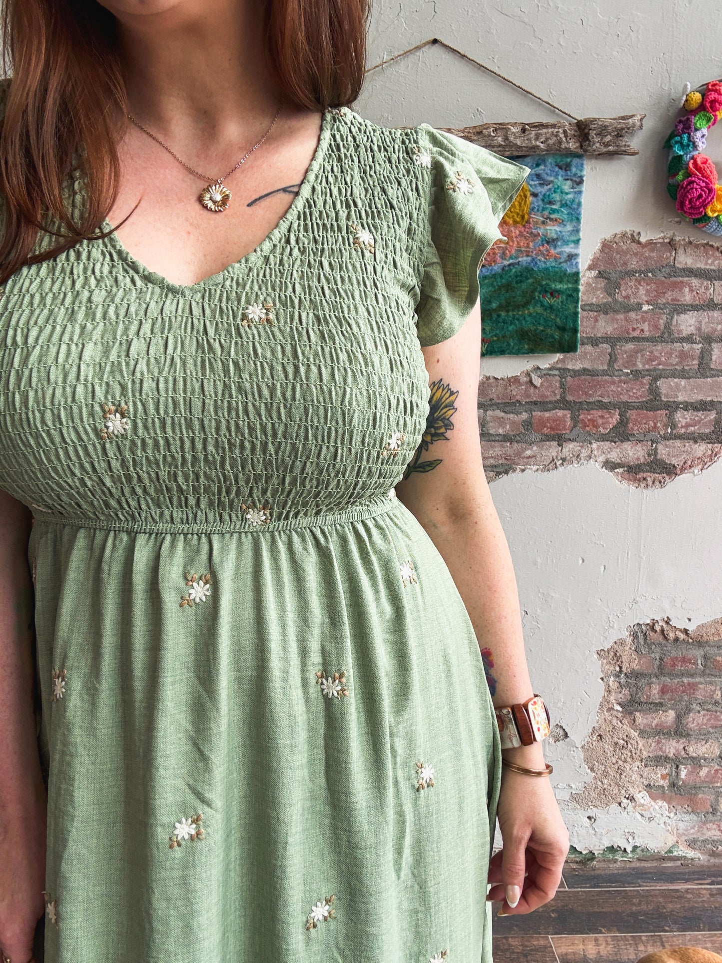 Meadow Embroidered Dress in Olive
