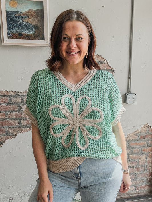 Daisy Patch Net Sweater in Green