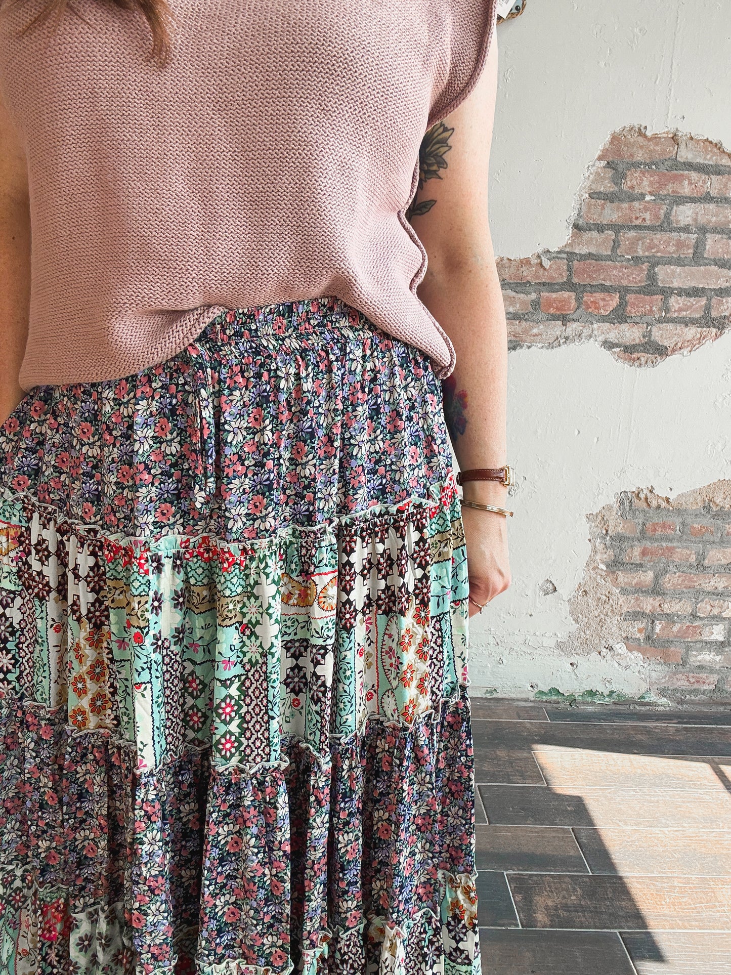 Prairie Bloom Patchwork Skirt in Navy
