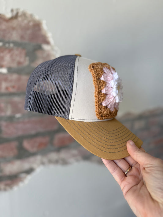 Granny Square Trucker Hat in Pink Daisy