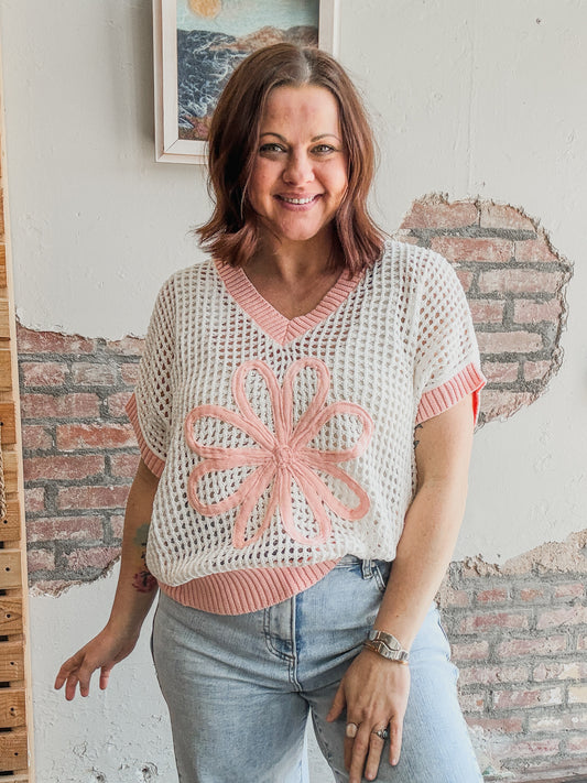 Daisy Patch Net Sweater in Cream