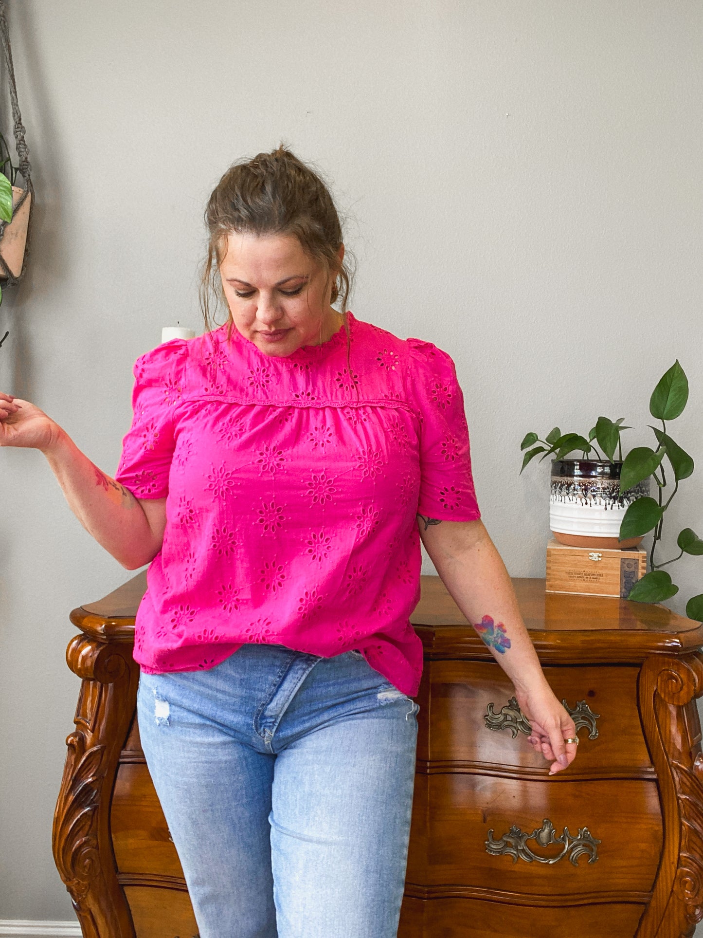 Clara Ruffle Neck Eyelet Top (Hot Pink)