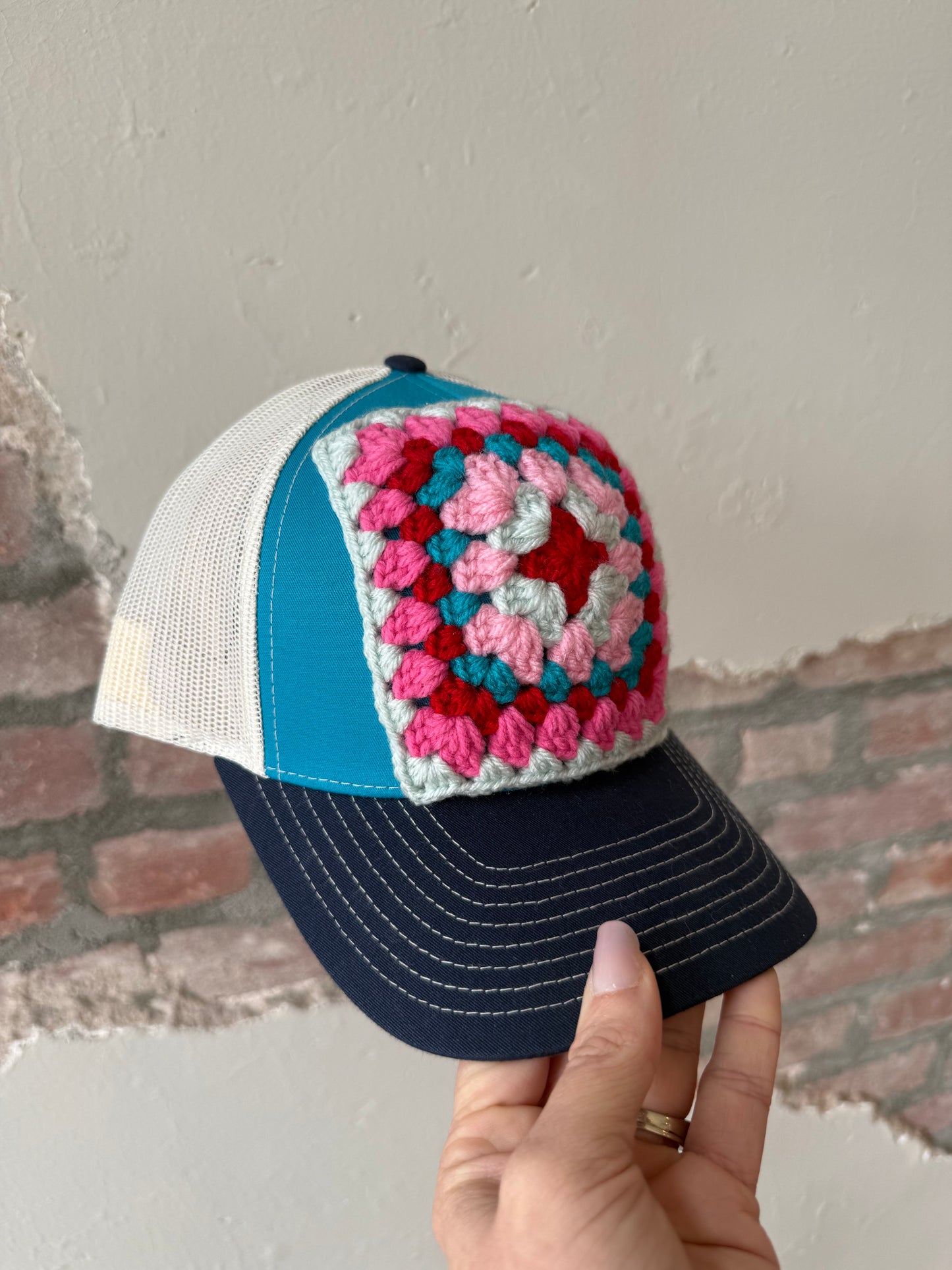 Granny Square Trucker Hat in Lt Blue/Dk Pink