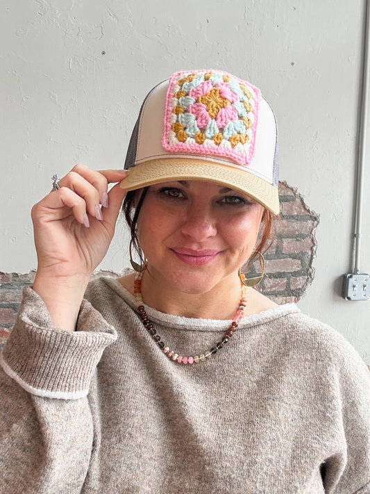Granny Square Trucker Hat in Lt Pink/White