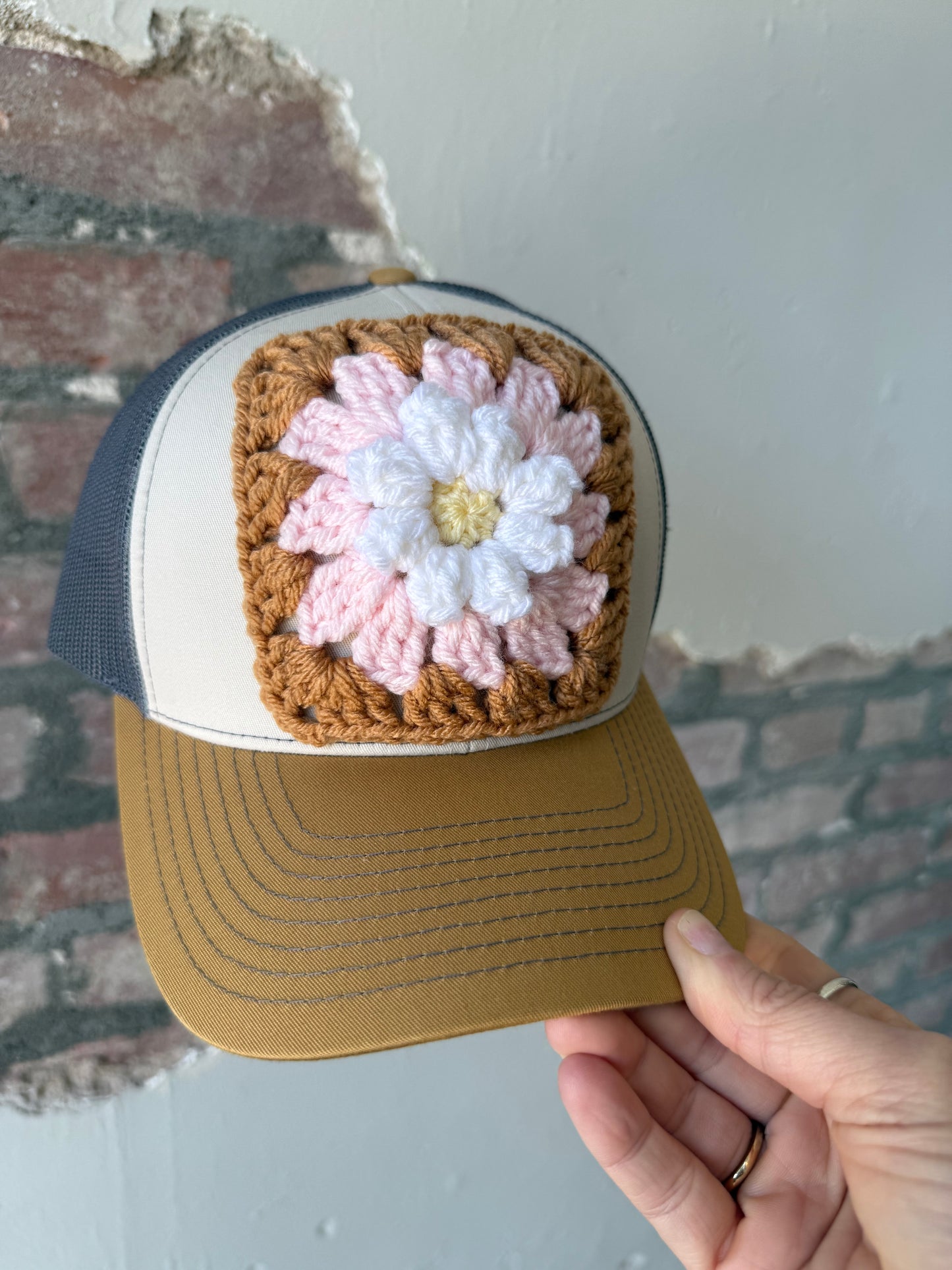 Granny Square Trucker Hat in Pink Daisy