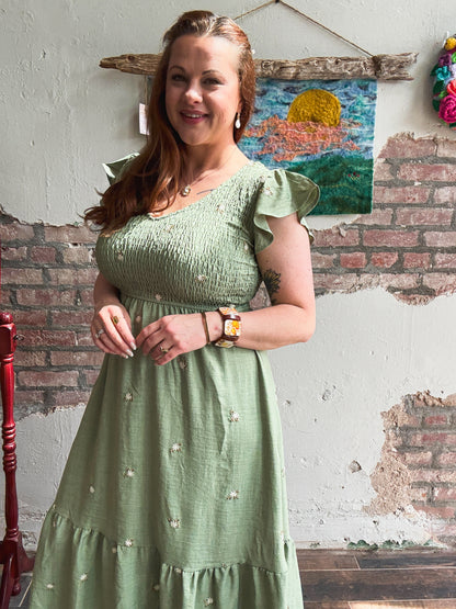 Meadow Embroidered Dress in Olive
