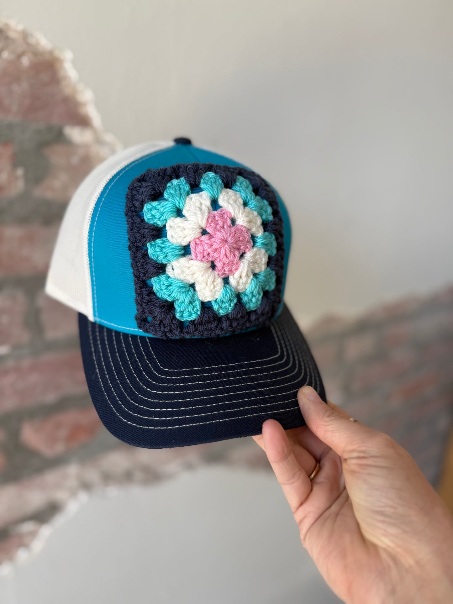 Granny Square Trucker Hat in Dk Blue/Teal