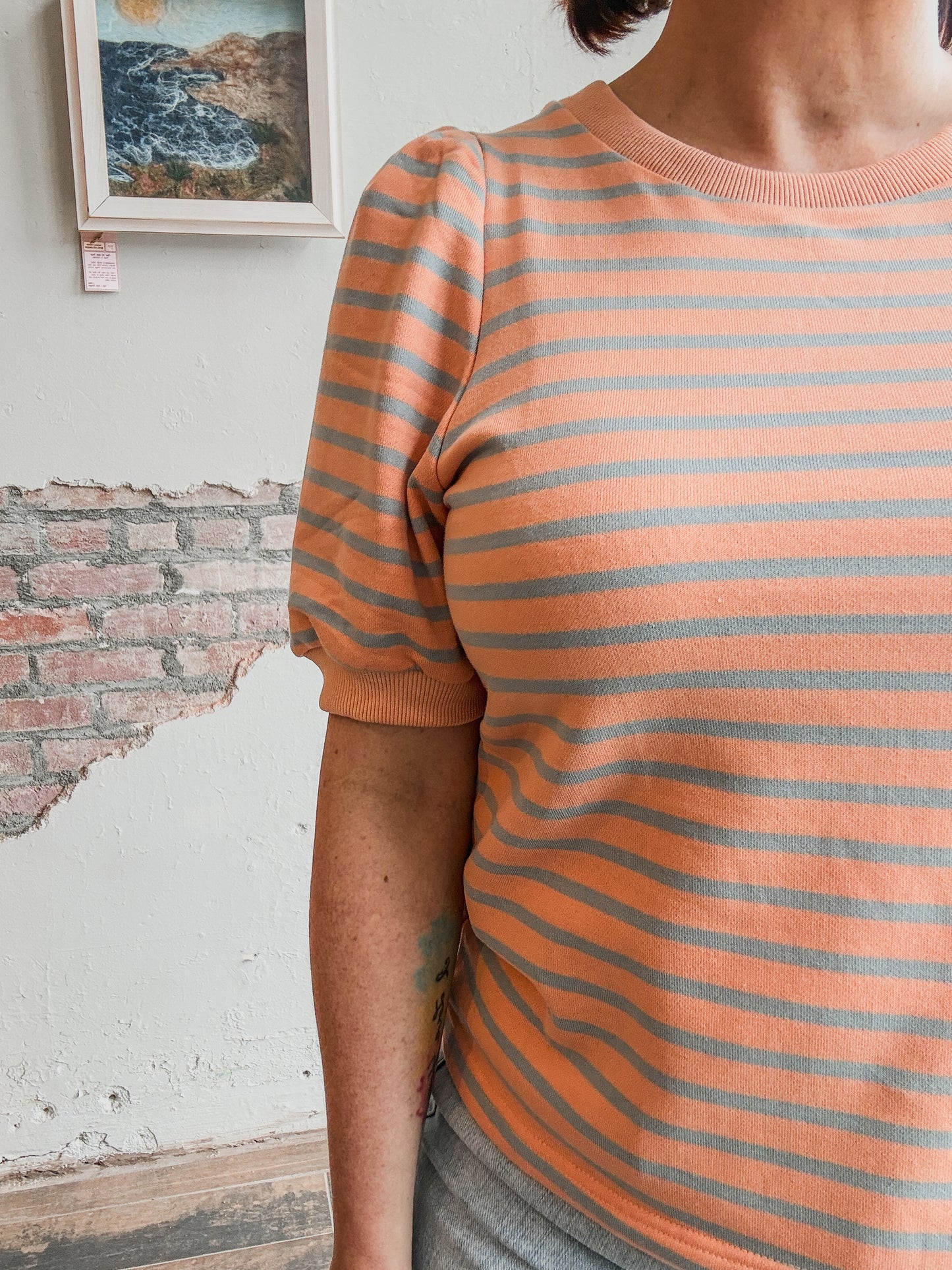 Pretty in Puff Striped Sleeve Top in Apricot/Lt. Blue