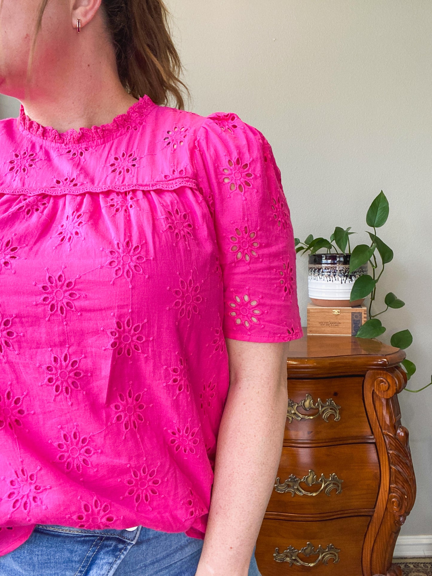 Clara Ruffle Neck Eyelet Top (Hot Pink)