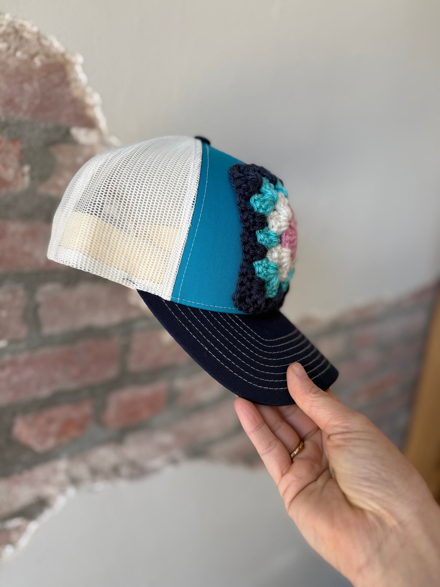 Granny Square Trucker Hat in Dk Blue/Teal
