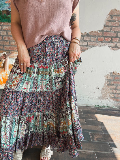 Prairie Bloom Patchwork Skirt in Navy