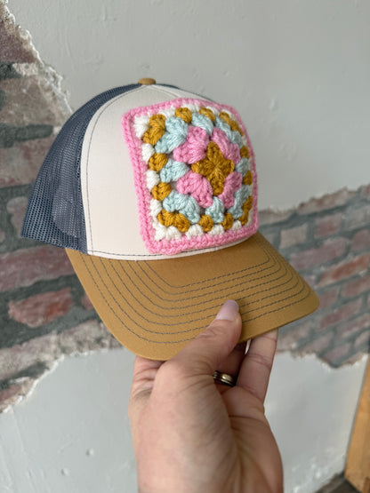 Granny Square Trucker Hat in Lt Pink/White