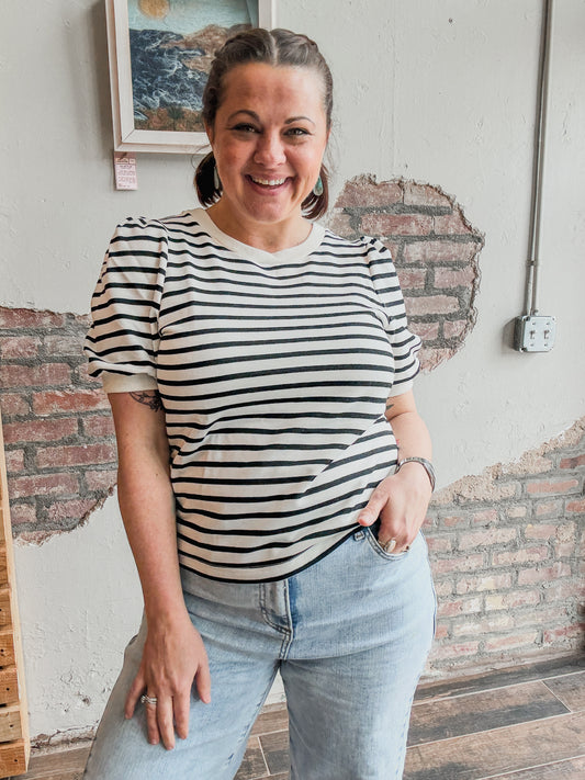 Pretty in Puff Striped Sleeve Top in Ivory/Black
