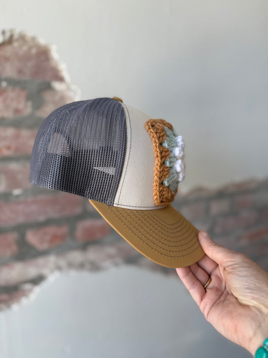 Granny Square Trucker Hat in Blue Daisy