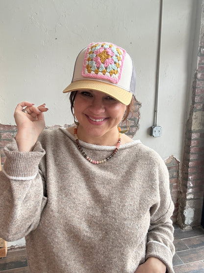 Granny Square Trucker Hat in Lt Pink/White