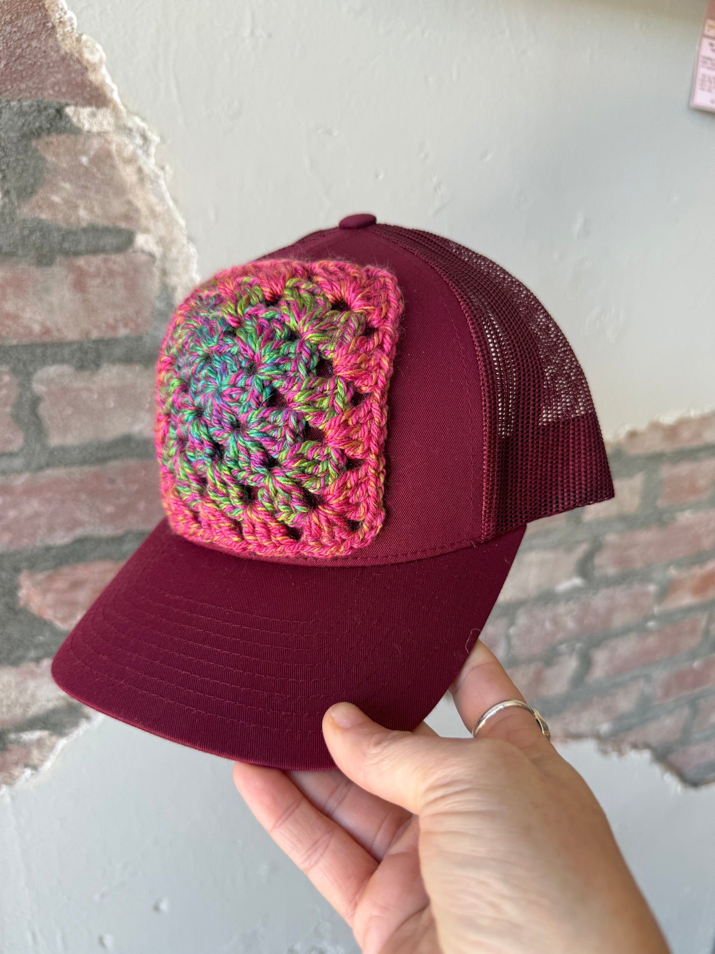 Granny Square Trucker Hat in Pink/Green Mix