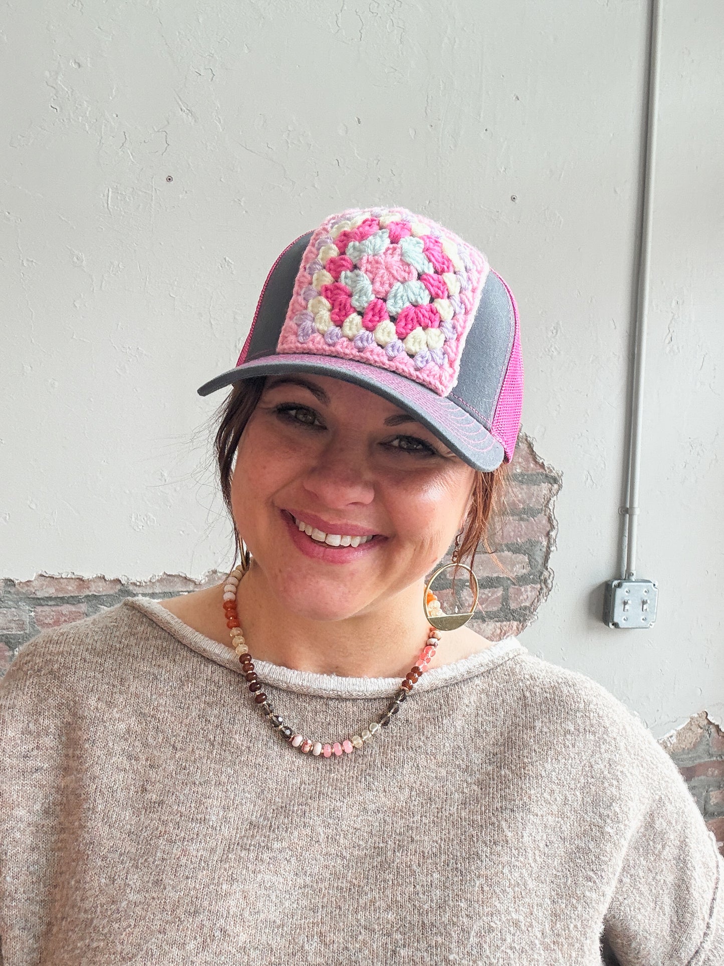 Granny Square Trucker Hat in Lt Pink/Lt Purple