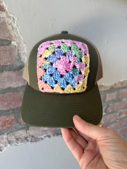 Granny Square Trucker Hat in Pastel Mix