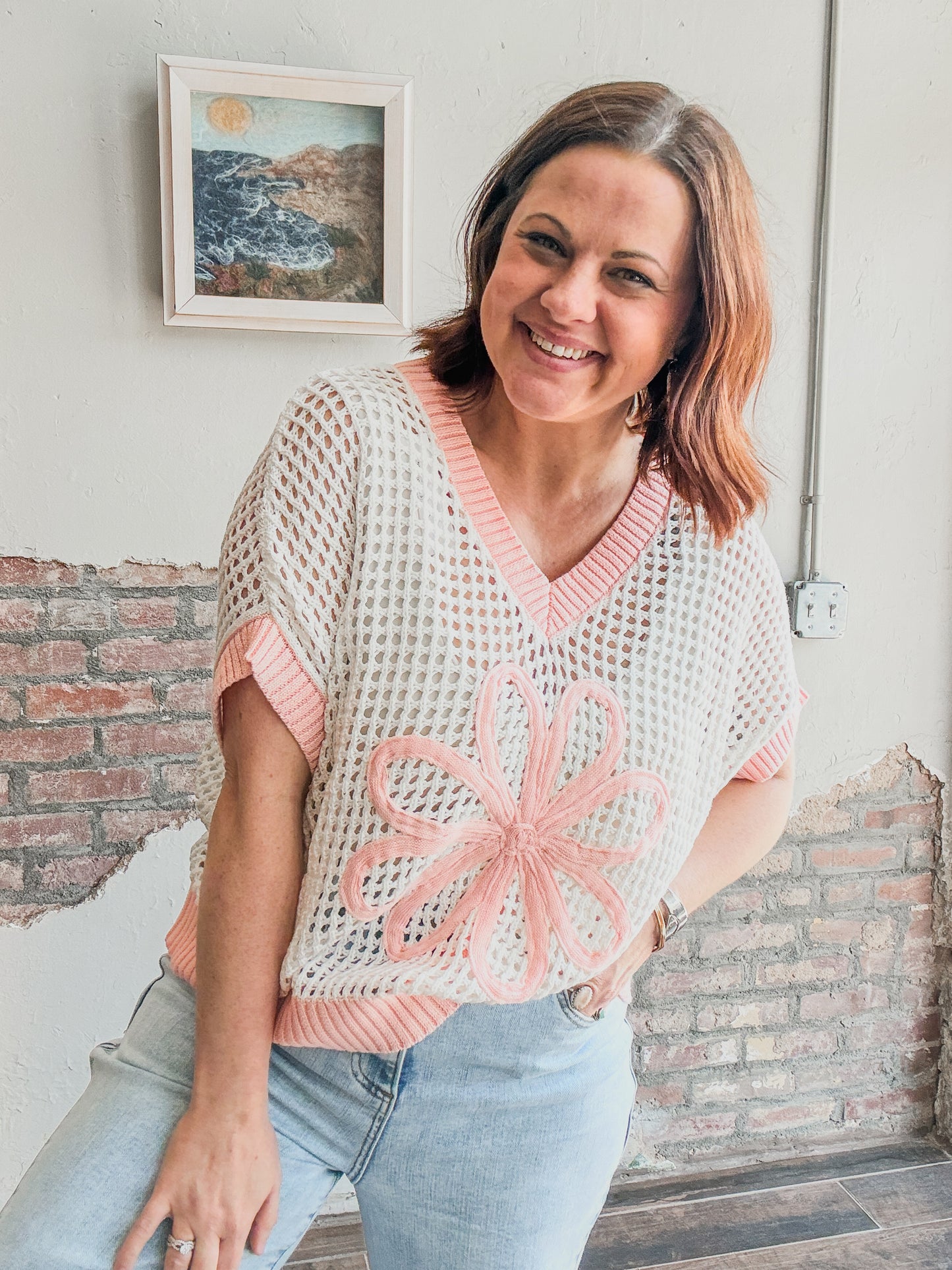 Daisy Patch Net Sweater in Cream