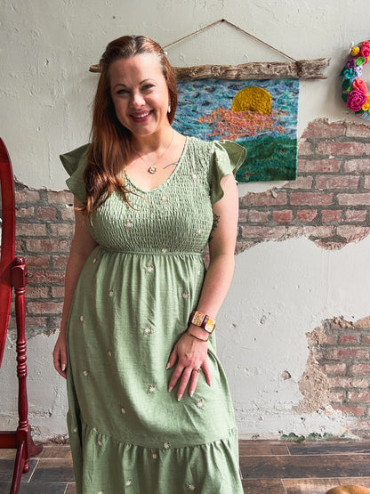 Meadow Embroidered Dress in Olive