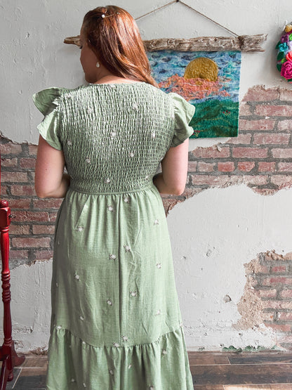 Meadow Embroidered Dress in Olive