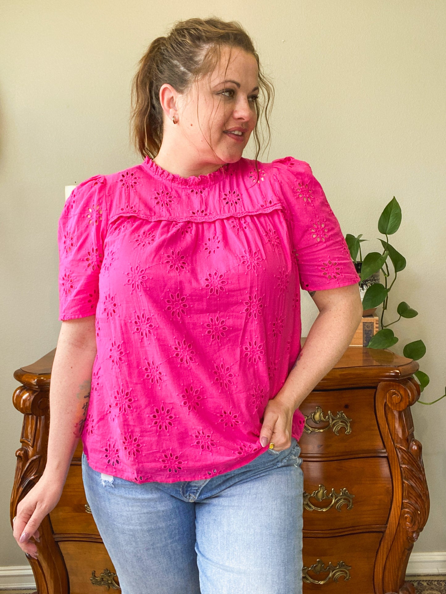 Clara Ruffle Neck Eyelet Top (Hot Pink)