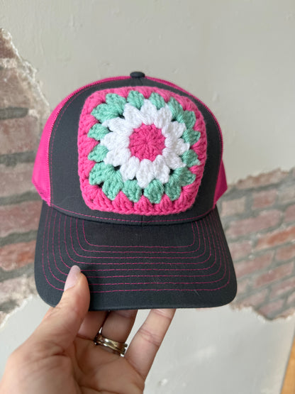 Granny Square Trucker Hat in Dk Pink/Teal