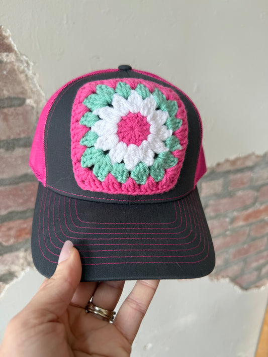 Granny Square Trucker Hat in Dk Pink/Teal