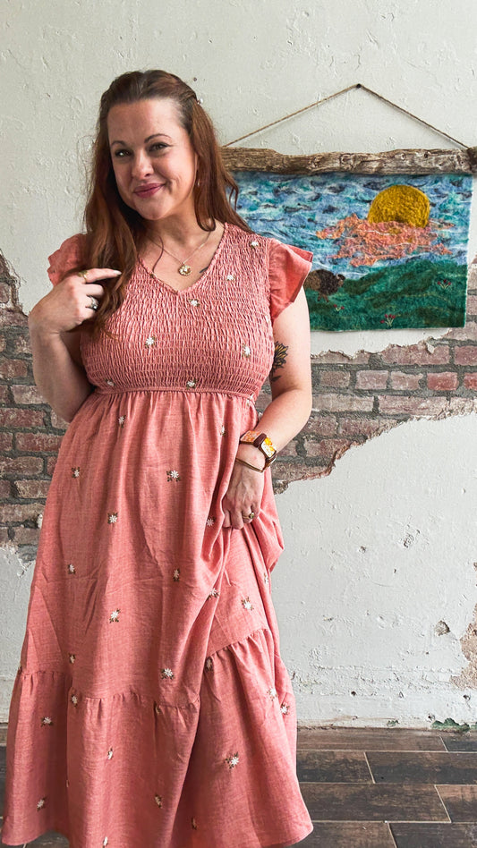 Meadow Embroidered Dress in Light Sienna
