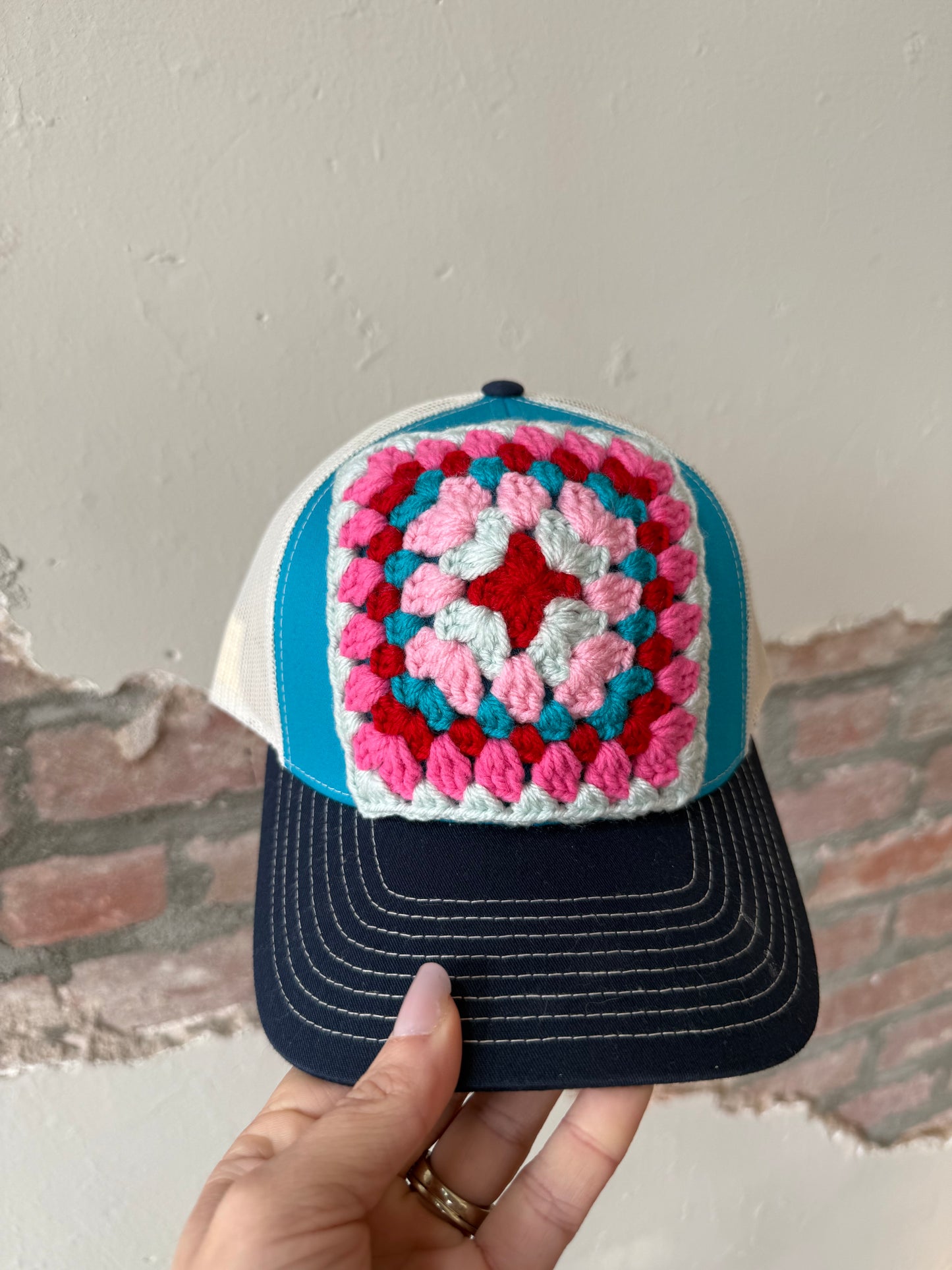 Granny Square Trucker Hat in Lt Blue/Dk Pink
