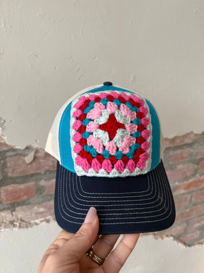 Granny Square Trucker Hat in Lt Blue/Dk Pink
