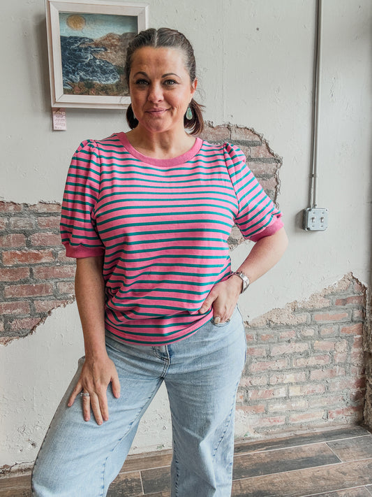 Pretty in Puff Striped Sleeve Top in Hot Pink/Green