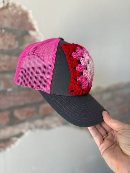Granny Square Trucker Hat in Red/Pink