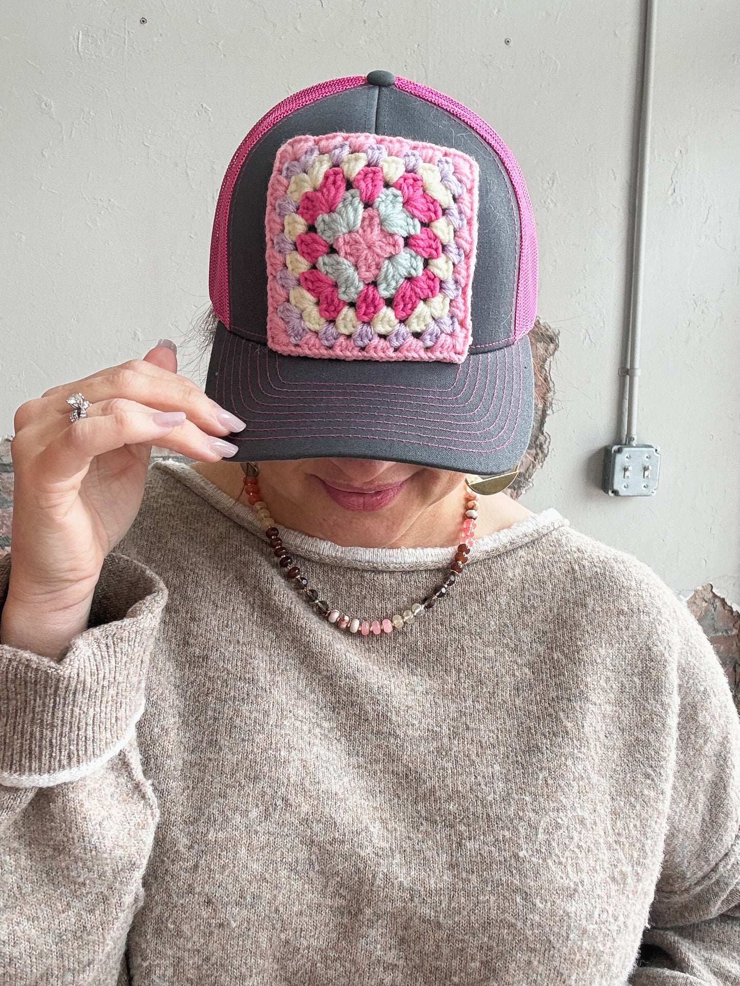 Granny Square Trucker Hat in Lt Pink/Lt Purple