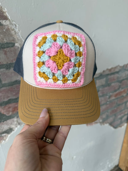 Granny Square Trucker Hat in Lt Pink/White