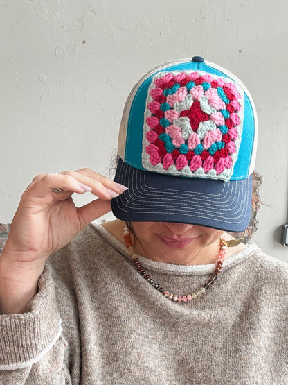 Granny Square Trucker Hat in Lt Blue/Dk Pink