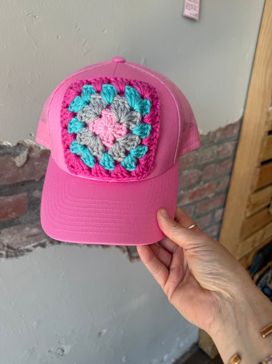 Granny Square Trucker Hat in Dk Pink/Teal